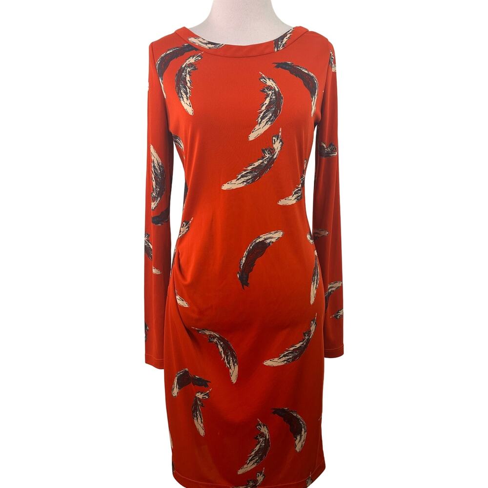 Yoana Baraschi Anthropologie Redish Orange Long Sleeve Feather Dress Size Small